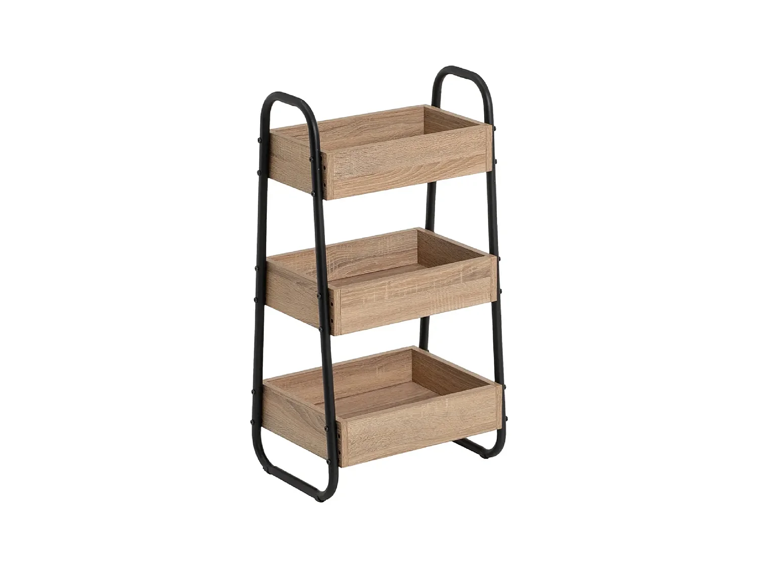 Étagère, meuble de rangement avec 3 paniers en bois aggloméré coloris chêne et pieds en métal noir - Longueur 41 x Profondeur 30 x Hauteur 77 cm