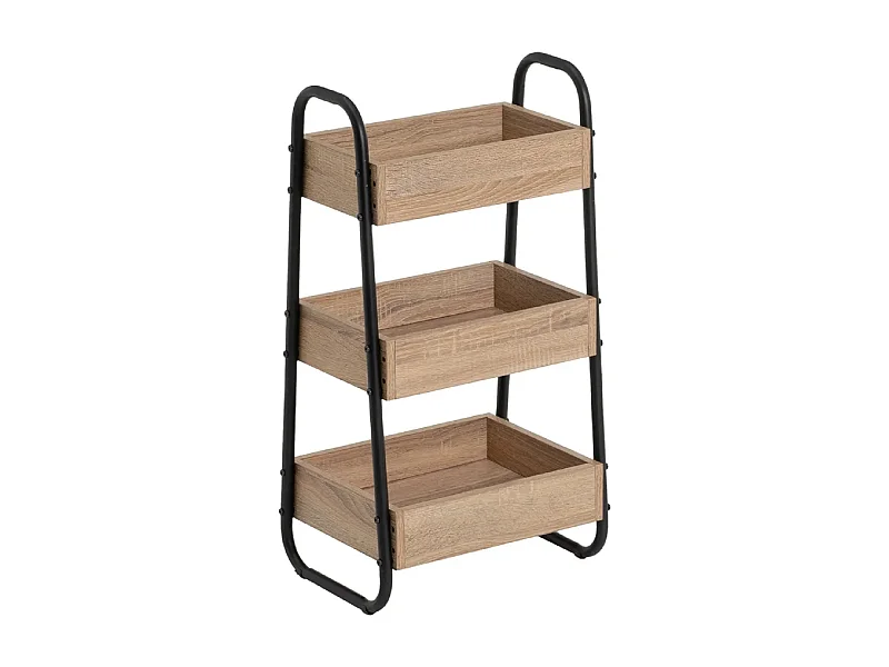 Étagère, meuble de rangement avec 3 paniers en bois aggloméré coloris chêne et pieds en métal noir - Longueur 41 x Profondeur 30 x Hauteur 77 cm