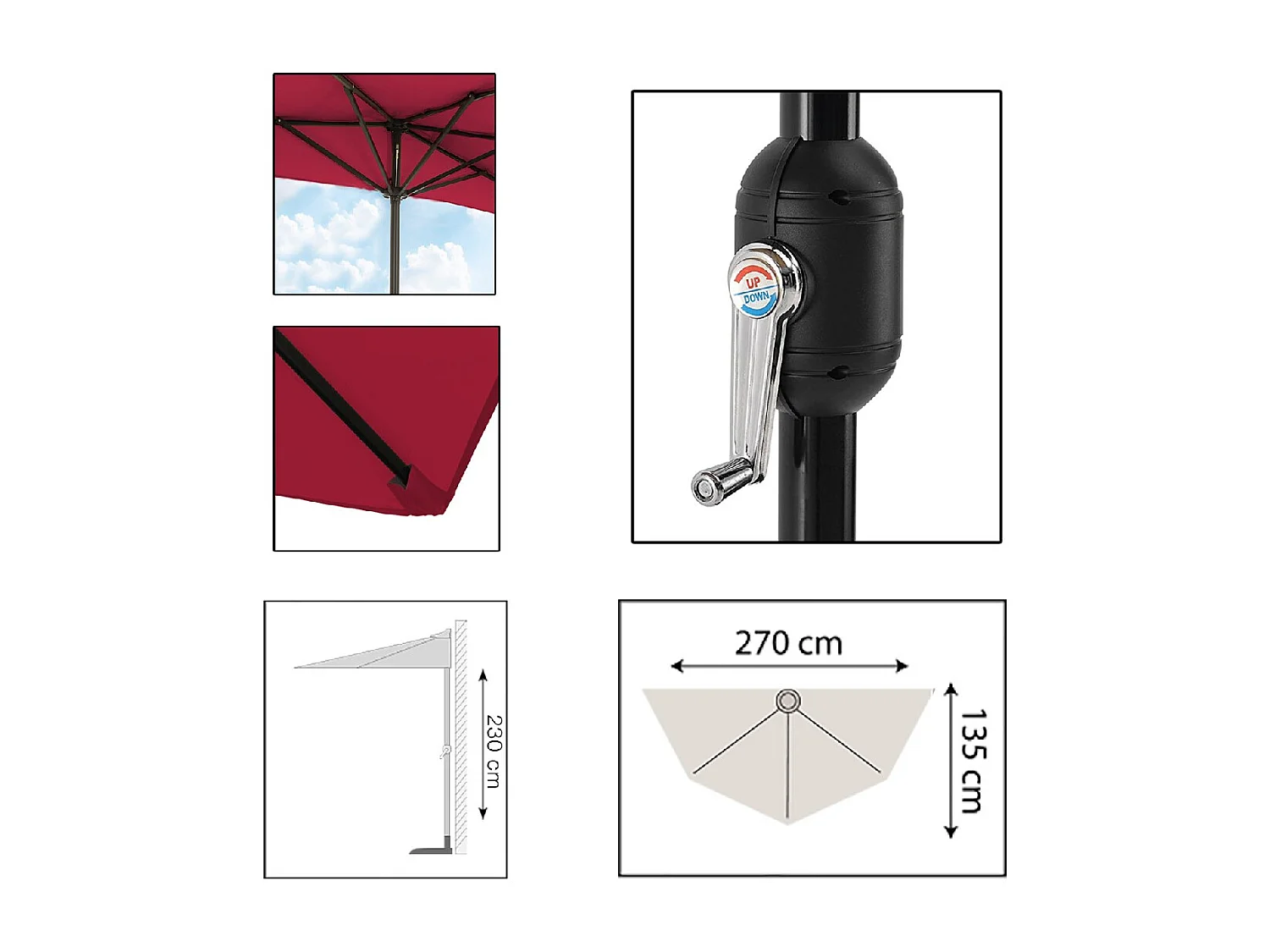 Demi-parasol de jardin coloris rose, parasol de balcon avec manivelle - Diamètre 270 x Profondeur 135 x Hauteur 230 cm