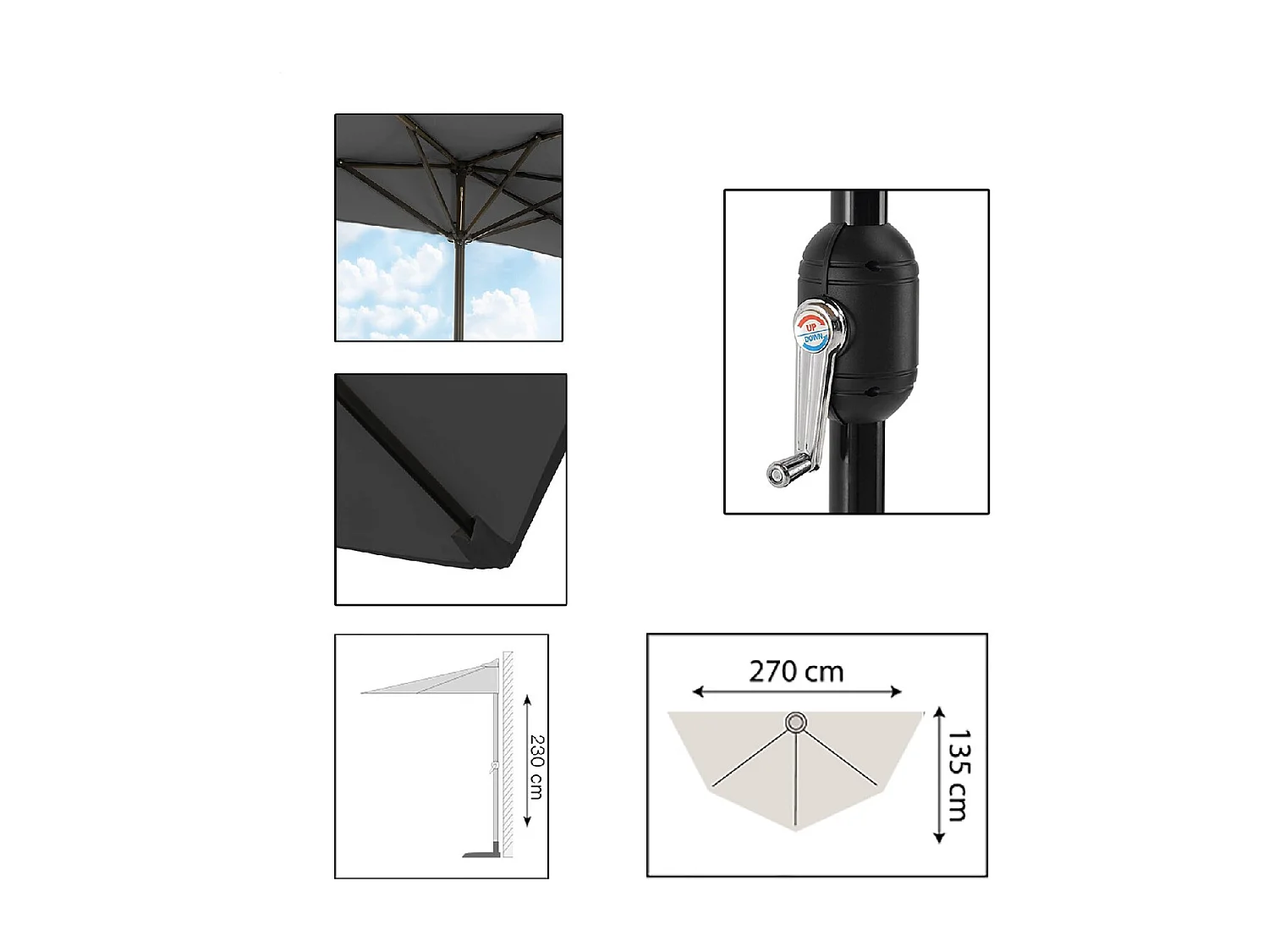 Demi-parasol de jardin coloris gris anthracite, parasol de balcon terrasse avec manivelle - Diamètre 270 x Profondeur 135 x Hauteur 230 cm