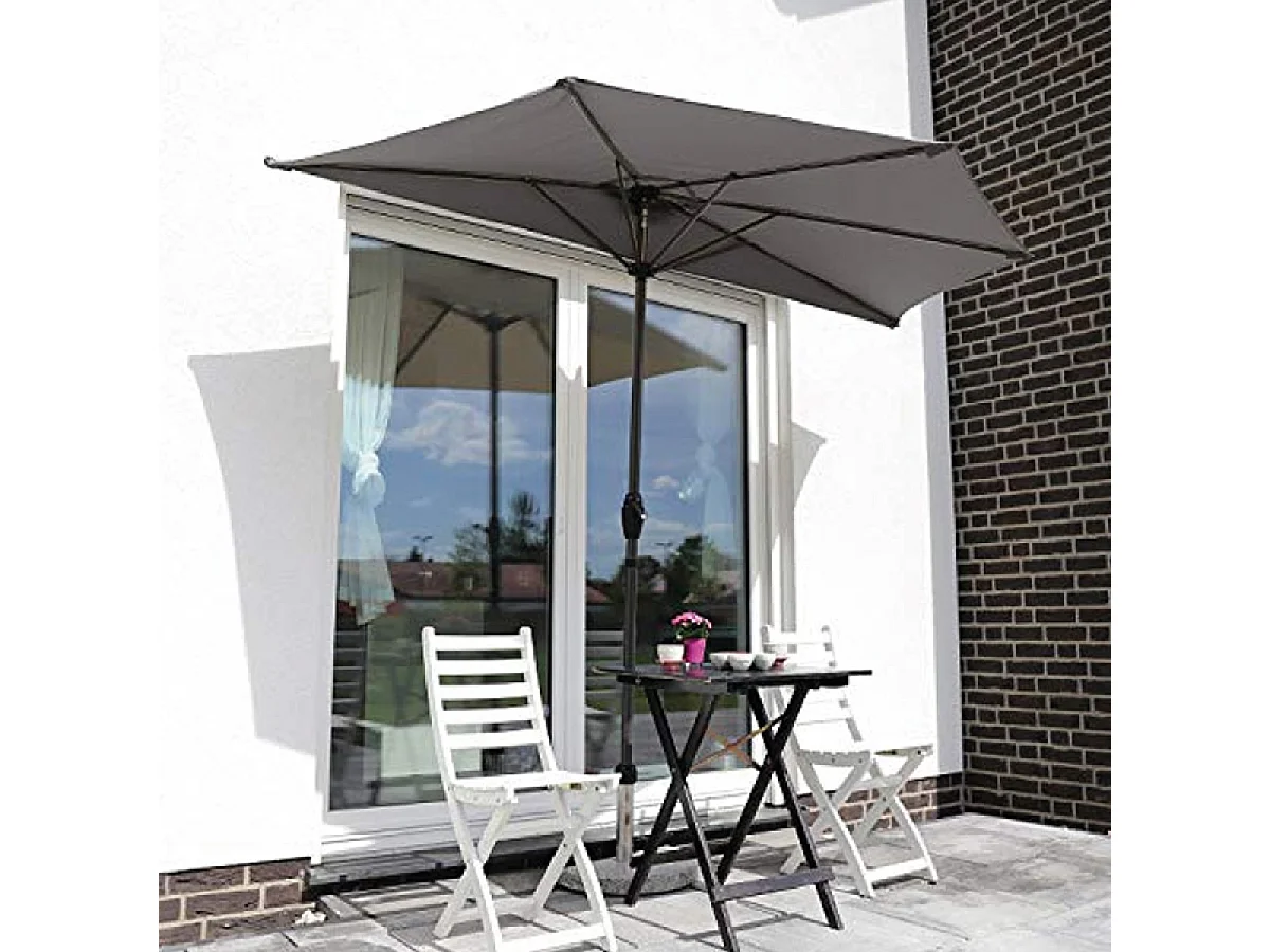 Demi-parasol de jardin coloris gris anthracite, parasol de balcon terrasse avec manivelle - Diamètre 270 x Profondeur 135 x Hauteur 230 cm