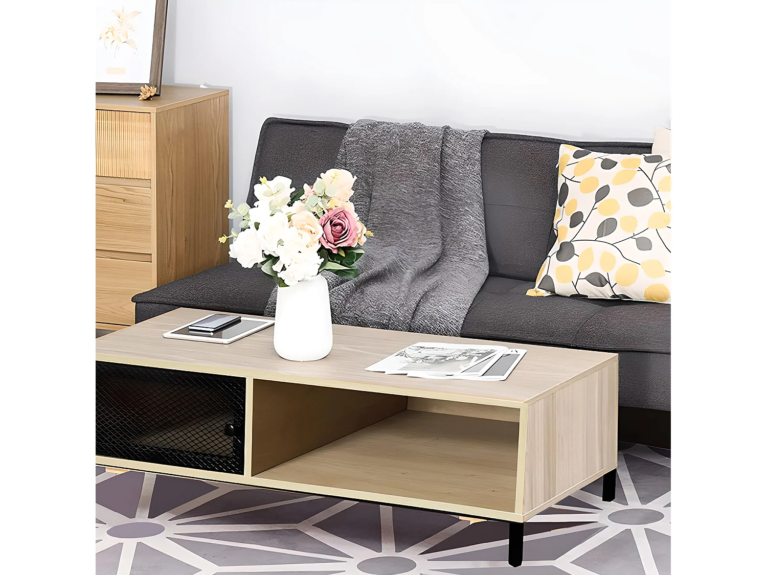 Table basse coloris naturel/noir - longueur 100 x profondeur 50 x hauteur 36 cm