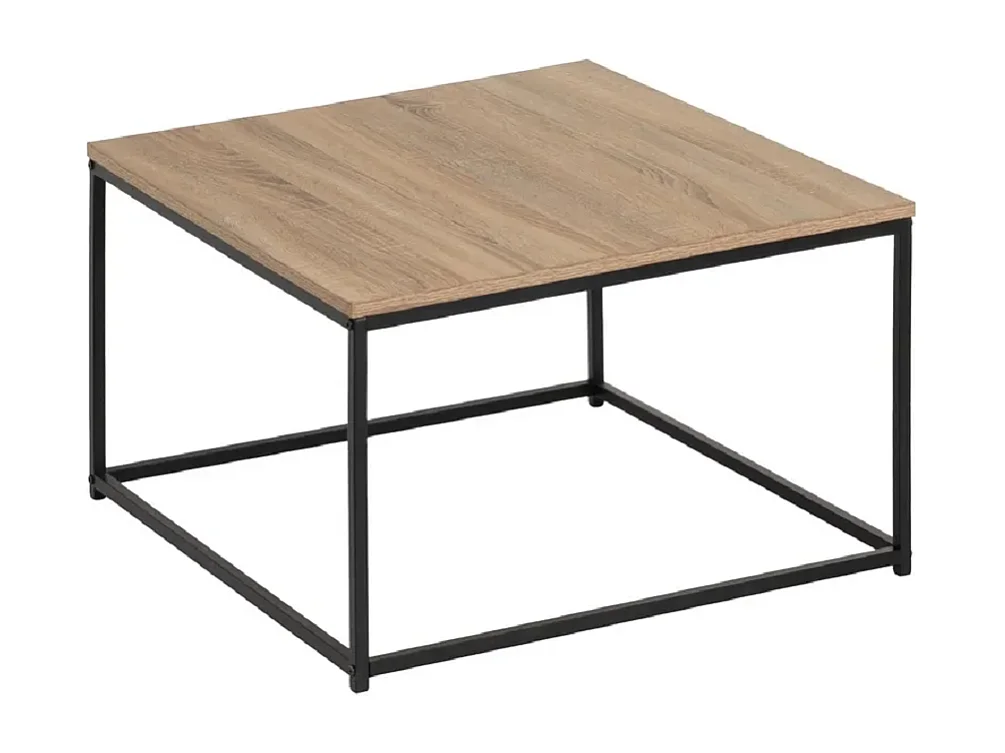Table basse carrée en panneaux de particules coloris chêne avec base en métal noir - Longueur 70 x Profondeur 70 x Hauteur 40 cm