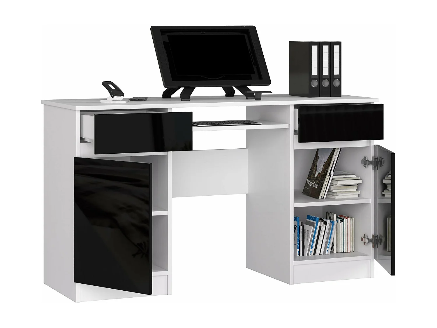 bureau lino chêne 2 portes 2 tiroirs  5 étagères 135x50x77 cm