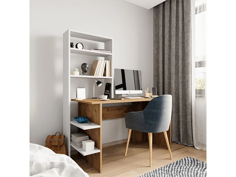 bureau bibliothèque dropio bois  mélaminé chêne-blanc 120x55x150 cm