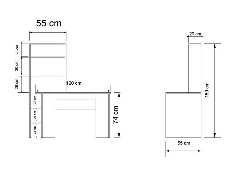 bureau bibliothèque dropio bois  mélaminé chêne-blanc 120x55x150 cm