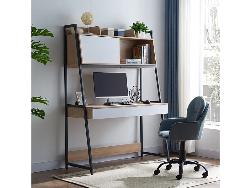 bureau  en teinte blanc bois  naturel et métal 124x54x171 cm