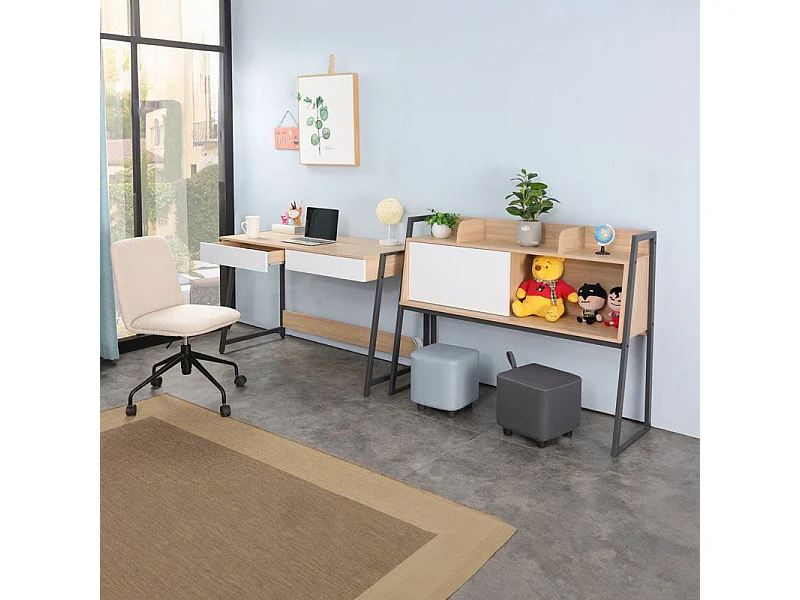 bureau  en teinte blanc bois  naturel et métal 124x54x171 cm