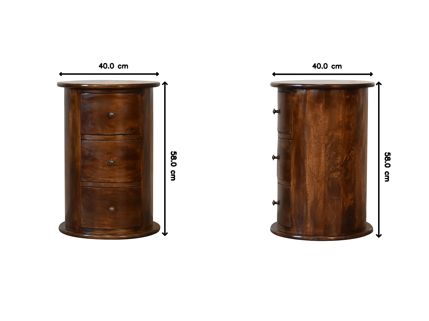 Artisan Furniture Kommode aus Massivholz mit Kastanienbraun-Finish, 3 Schubladen, braune Farbe.