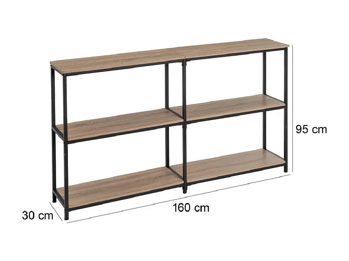Table console, table d'entrée en panneaux de particules chêne avec structure en métal noir - Longueur 160 x Profondeur 30 x Hauteur 95 cm