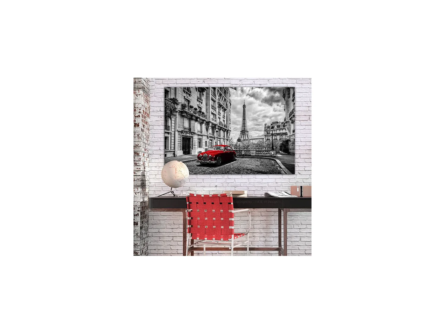 Tableau Villes Car in Paris (1 Part) Red Wide 90x60 cm