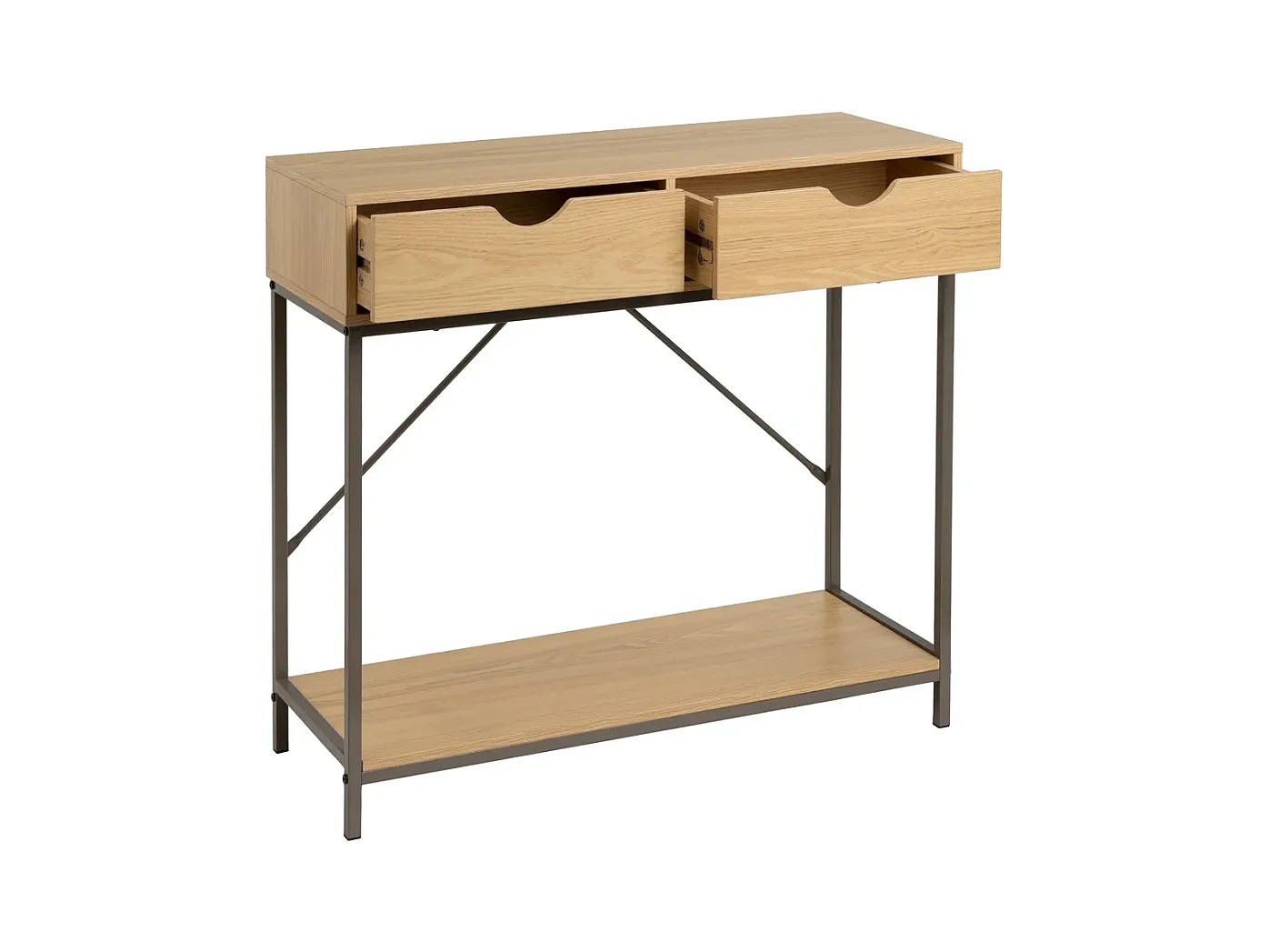 Table console, table d'entrée avec 2 tiroirs en panneaux de particules coloris naturel et structure en métal gris - Longueur 80 x Profondeur 30 x Hauteur 75 cm