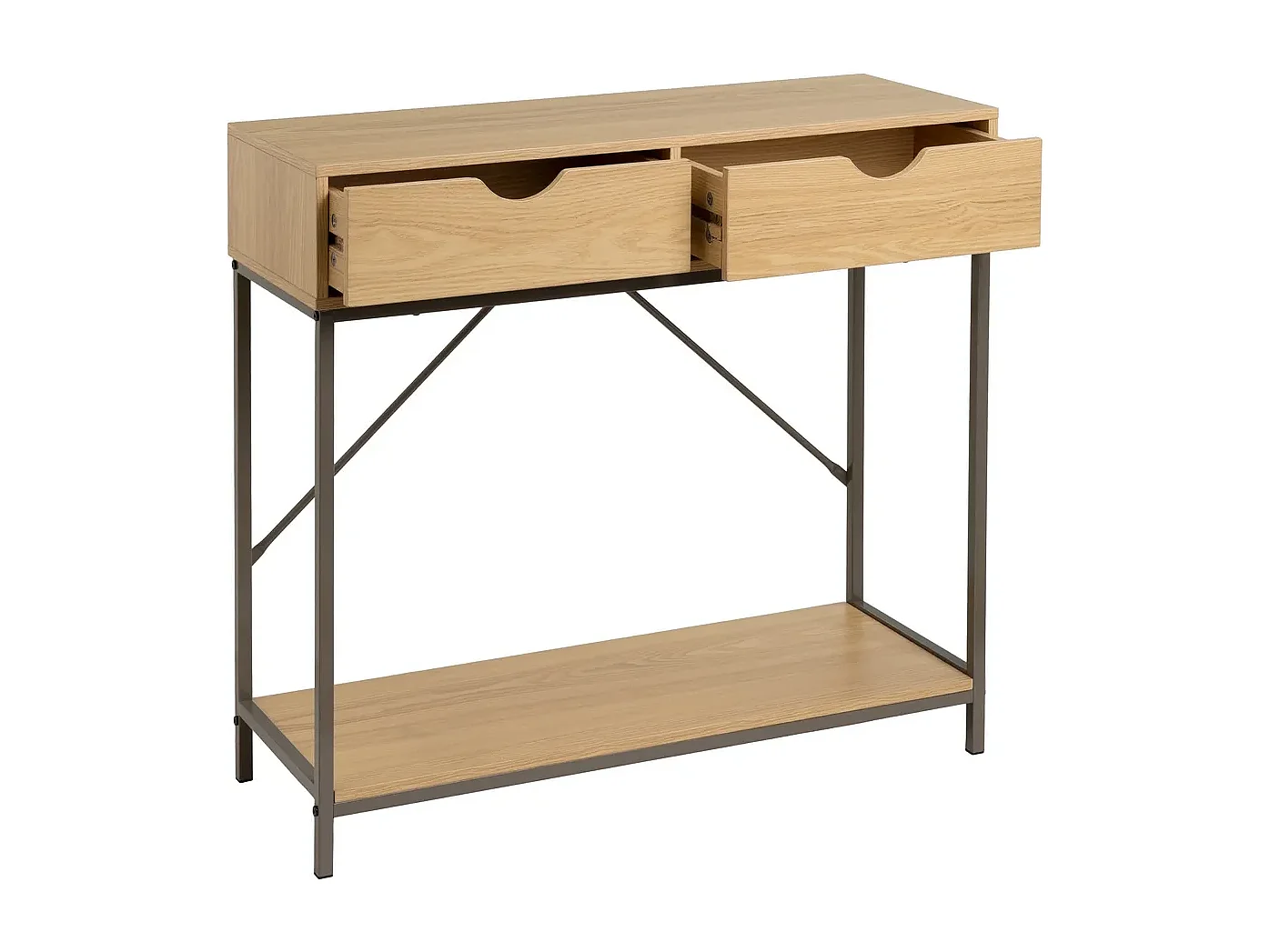 Table console, table d'entrée avec 2 tiroirs en panneaux de particules coloris naturel et structure en métal gris - Longueur 80 x Profondeur 30 x Hauteur 75 cm