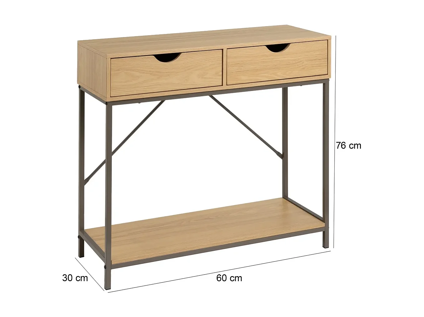 Table console, table d'entrée avec 2 tiroirs en panneaux de particules coloris naturel et structure en métal gris - Longueur 80 x Profondeur 30 x Hauteur 75 cm