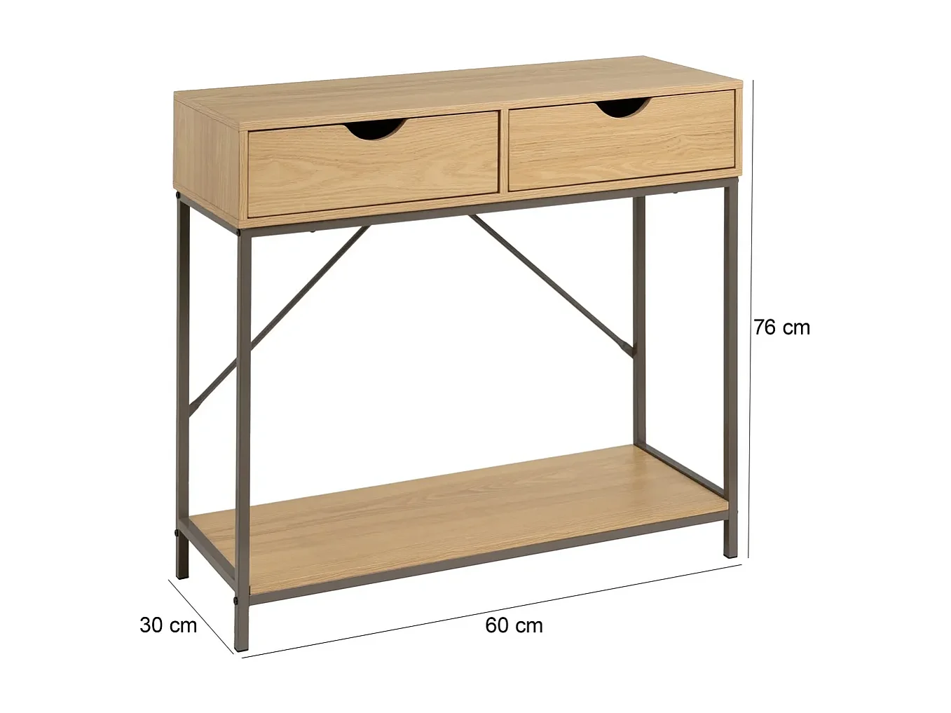 Table console, table d'entrée avec 2 tiroirs en panneaux de particules coloris naturel et structure en métal gris - Longueur 80 x Profondeur 30 x Hauteur 75 cm