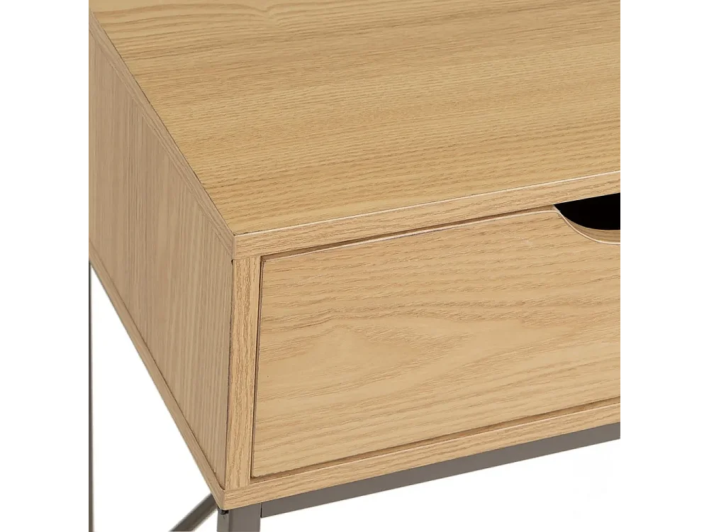 Table console, table d'entrée avec 2 tiroirs en panneaux de particules coloris naturel et structure en métal gris - Longueur 80 x Profondeur 30 x Hauteur 75 cm