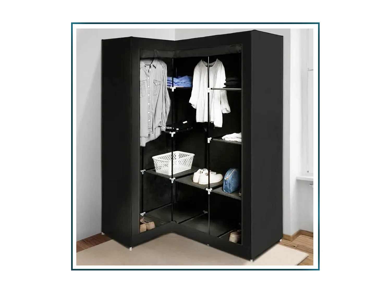 Armoire d’angle avec housse, organisateur de rangement pour vêtements en tissu coloris noir - Longueur 85-128 x Profondeur 45 x Hauteur 170 cm