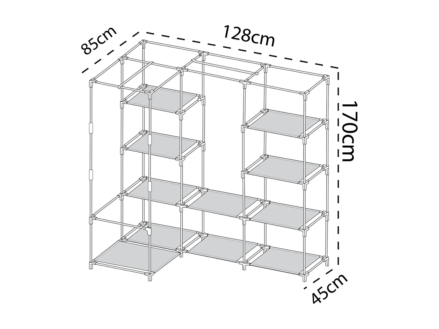 Armoire d’angle avec housse, organisateur de rangement pour vêtements en tissu coloris noir - Longueur 85-128 x Profondeur 45 x Hauteur 170 cm