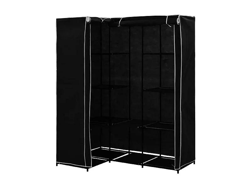 Armoire d’angle avec housse, organisateur de rangement pour vêtements en tissu coloris noir - Longueur 85-128 x Profondeur 45 x Hauteur 170 cm
