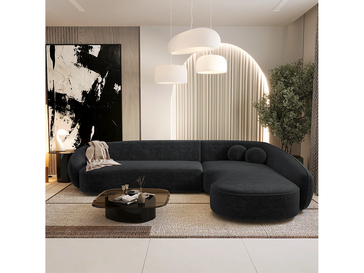 Canapé d'angle droit 4 places tissu tramé toucher doux noir