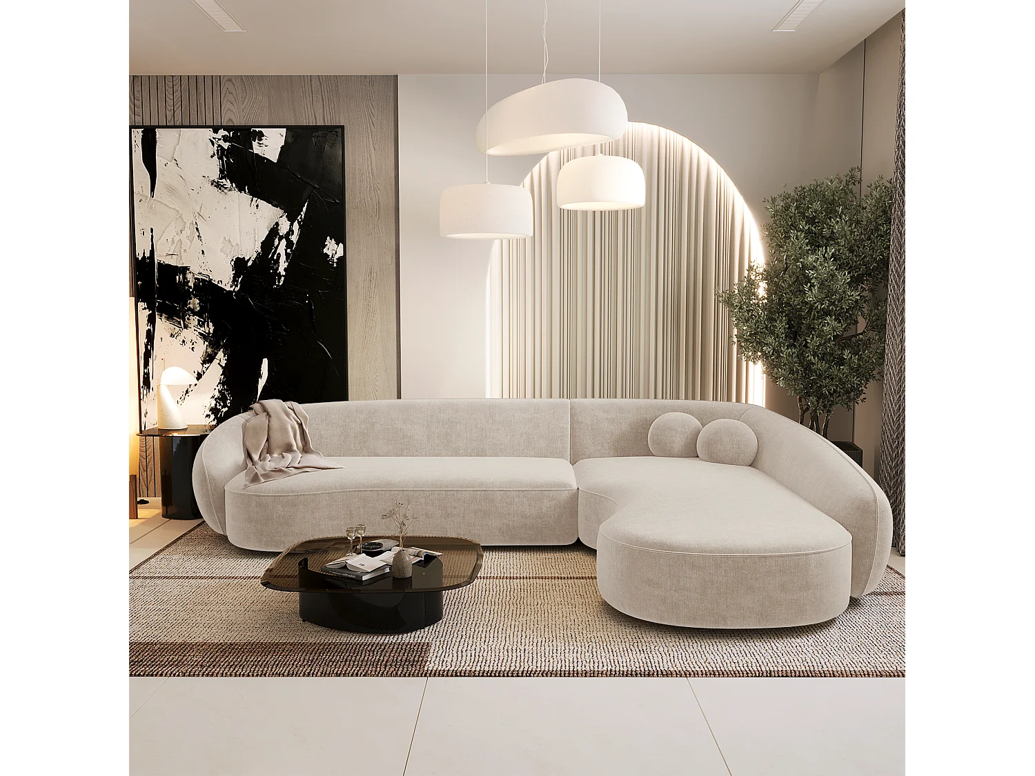 Canapé d'angle droit 4 places tissu tramé toucher doux crème  COOPER