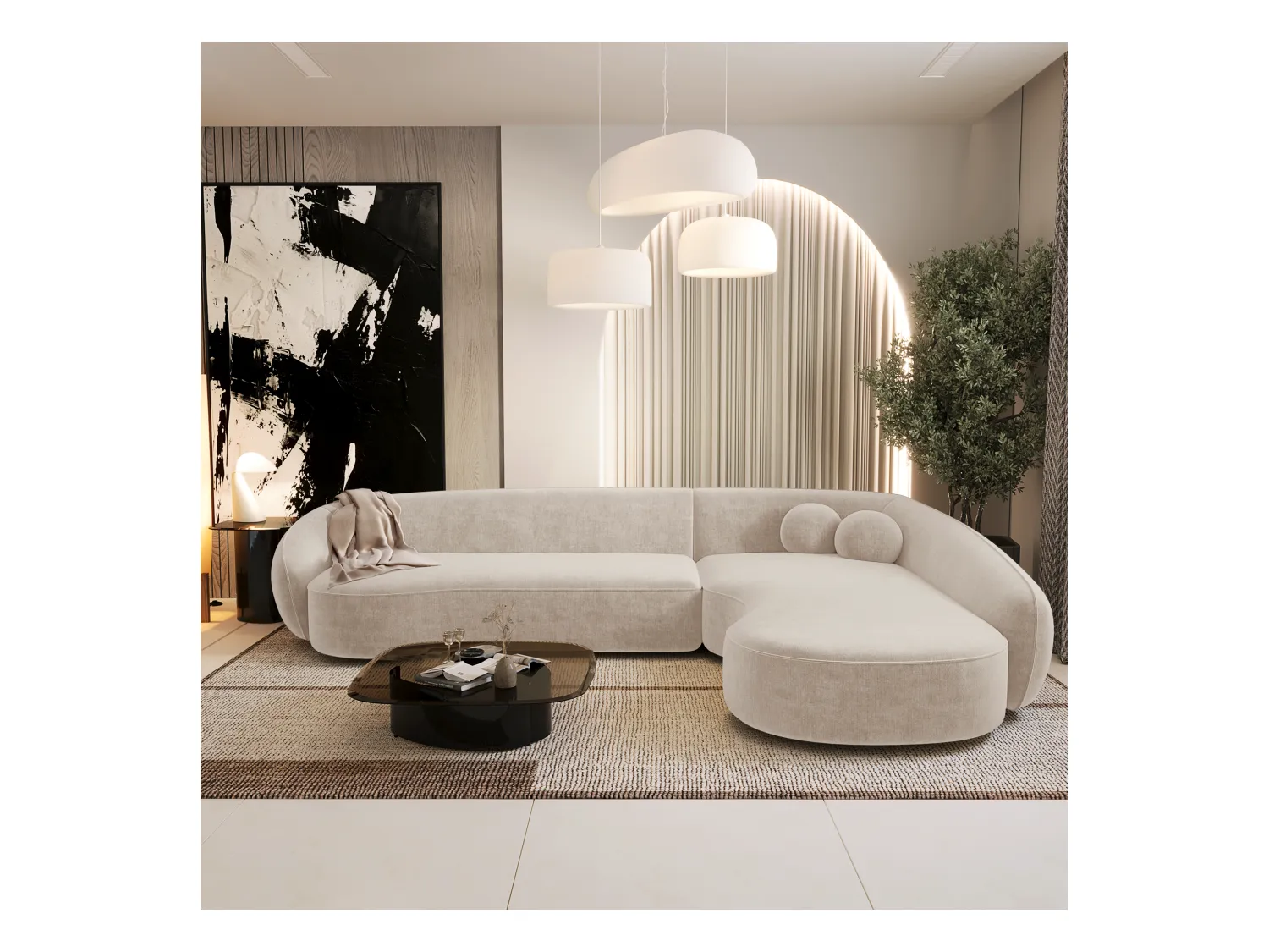 Canapé d'angle droit 4 places tissu tramé toucher doux crème  COOPER