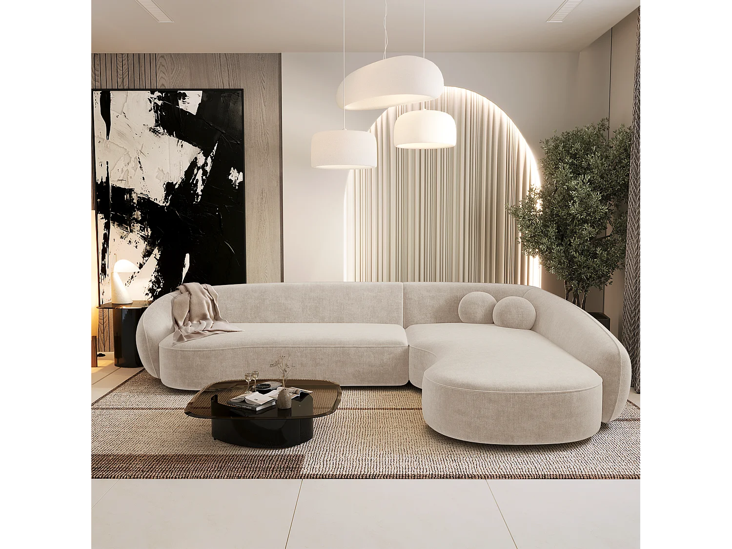 Canapé d'angle droit 4 places tissu tramé toucher doux crème  COOPER