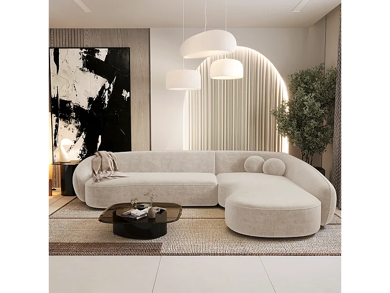 Canapé d'angle droit 4 places tissu tramé toucher doux crème  COOPER