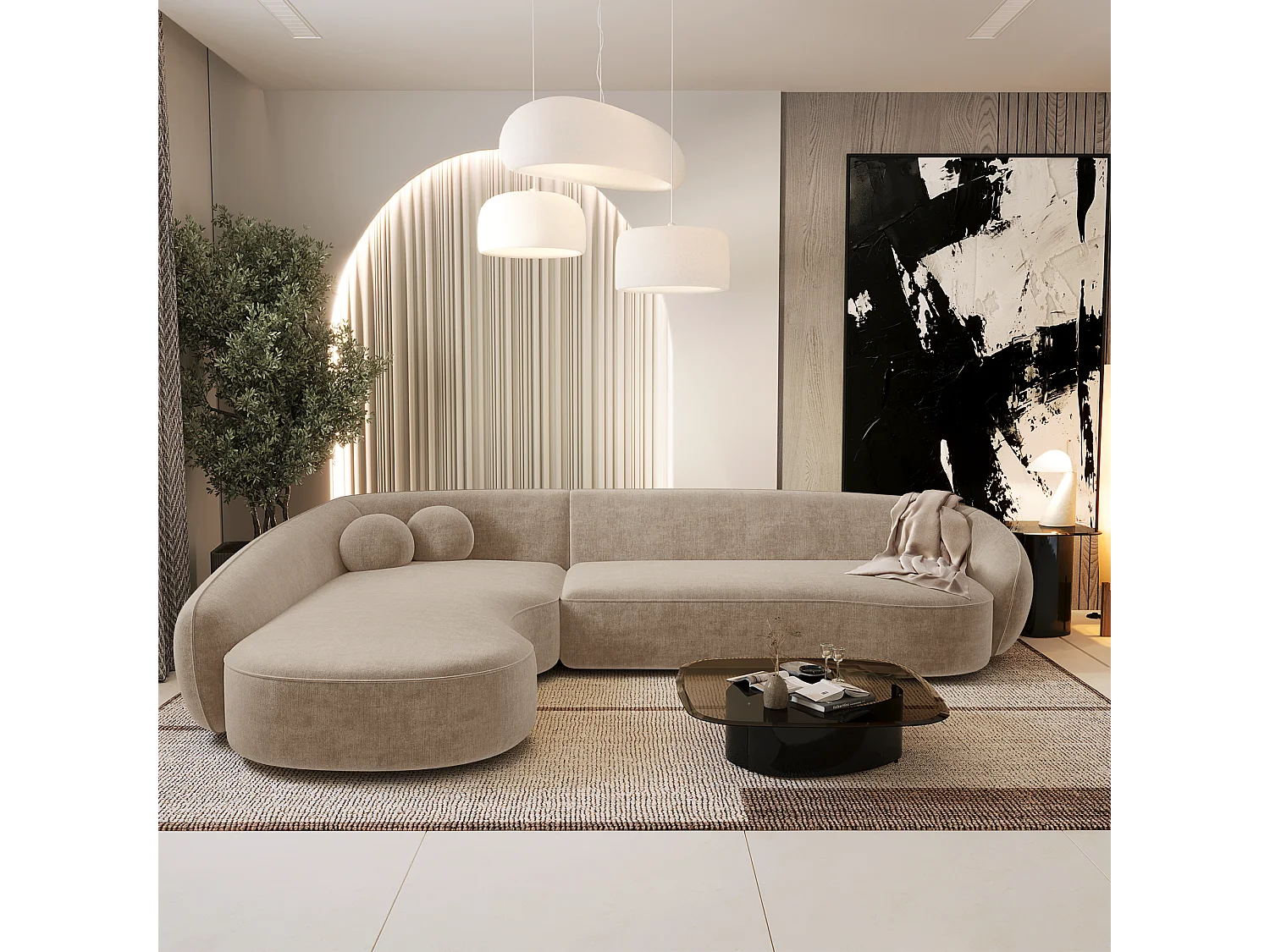 Canapé d'angle gauche 4 places tissu tramé toucher doux taupe  COOPER