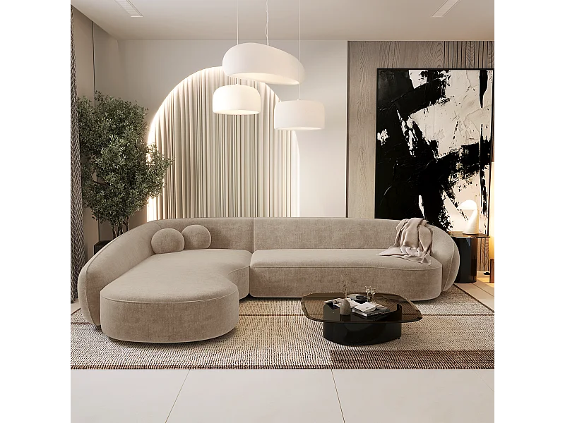 Canapé d'angle gauche 4 places tissu tramé toucher doux taupe  COOPER