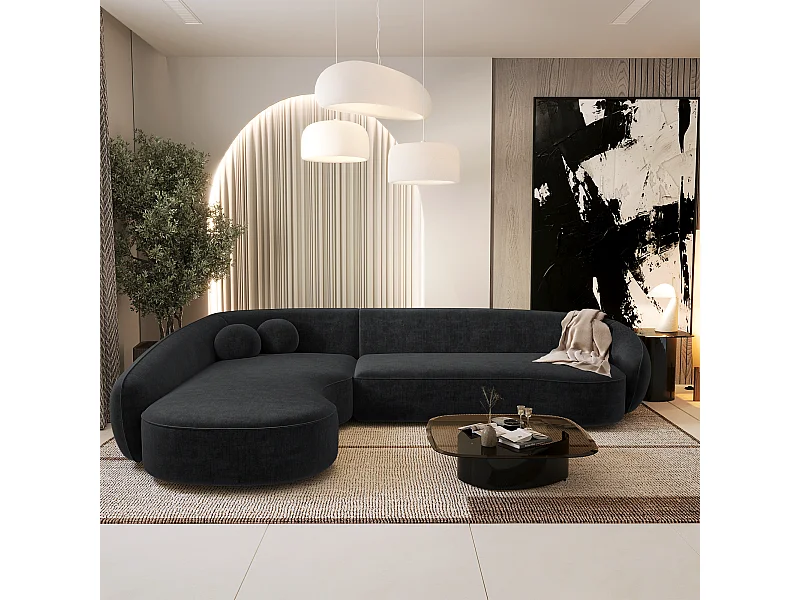 Canapé d'angle gauche 4 places tissu tramé toucher doux noir  COOPER