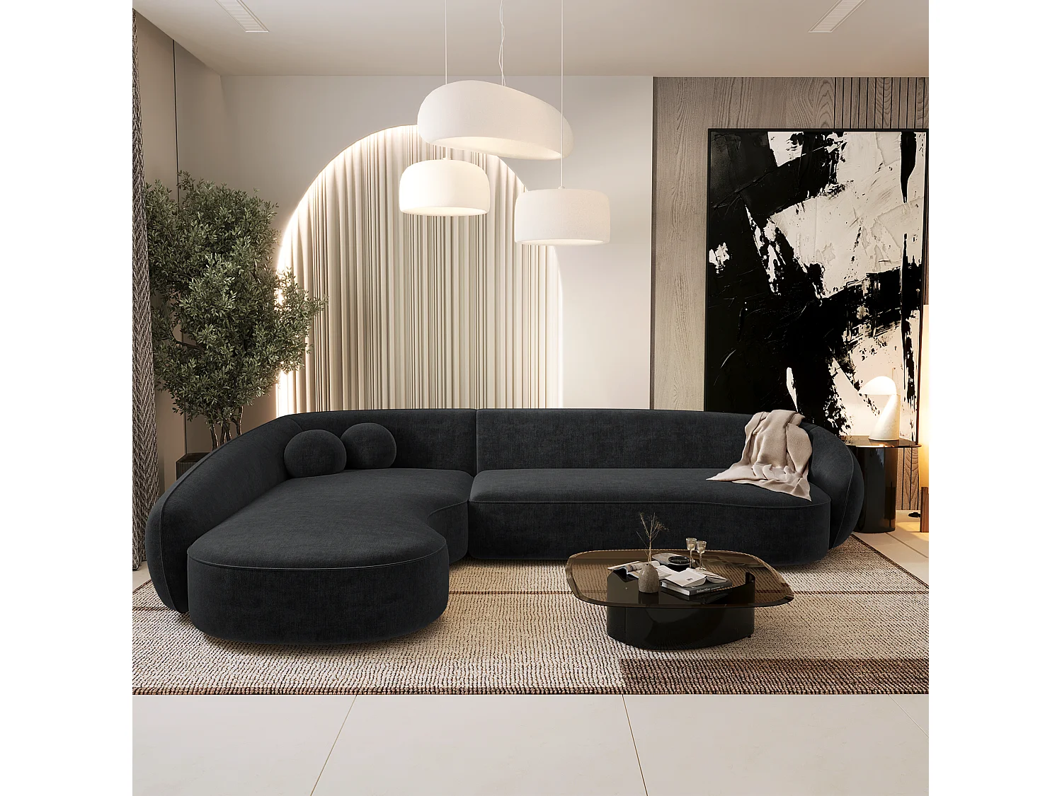 Canapé d'angle gauche 4 places tissu tramé toucher doux noir  COOPER