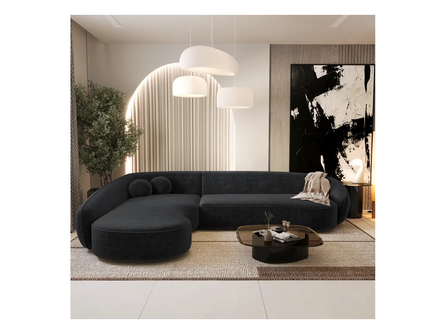 Canapé d'angle gauche 4 places tissu tramé toucher doux noir  COOPER