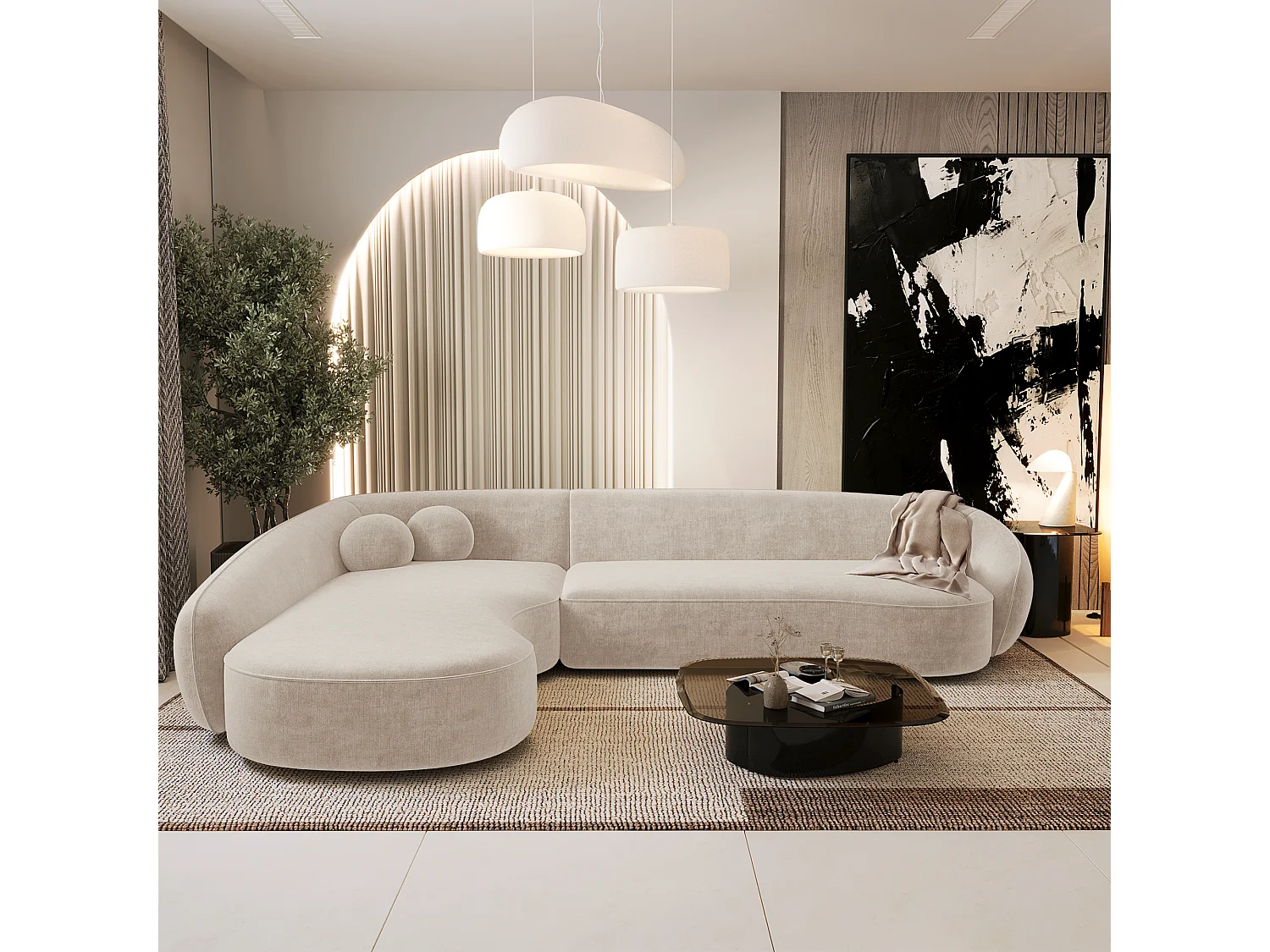 Canapé d'angle gauche 4 places tissu tramé toucher doux crème  COOPER