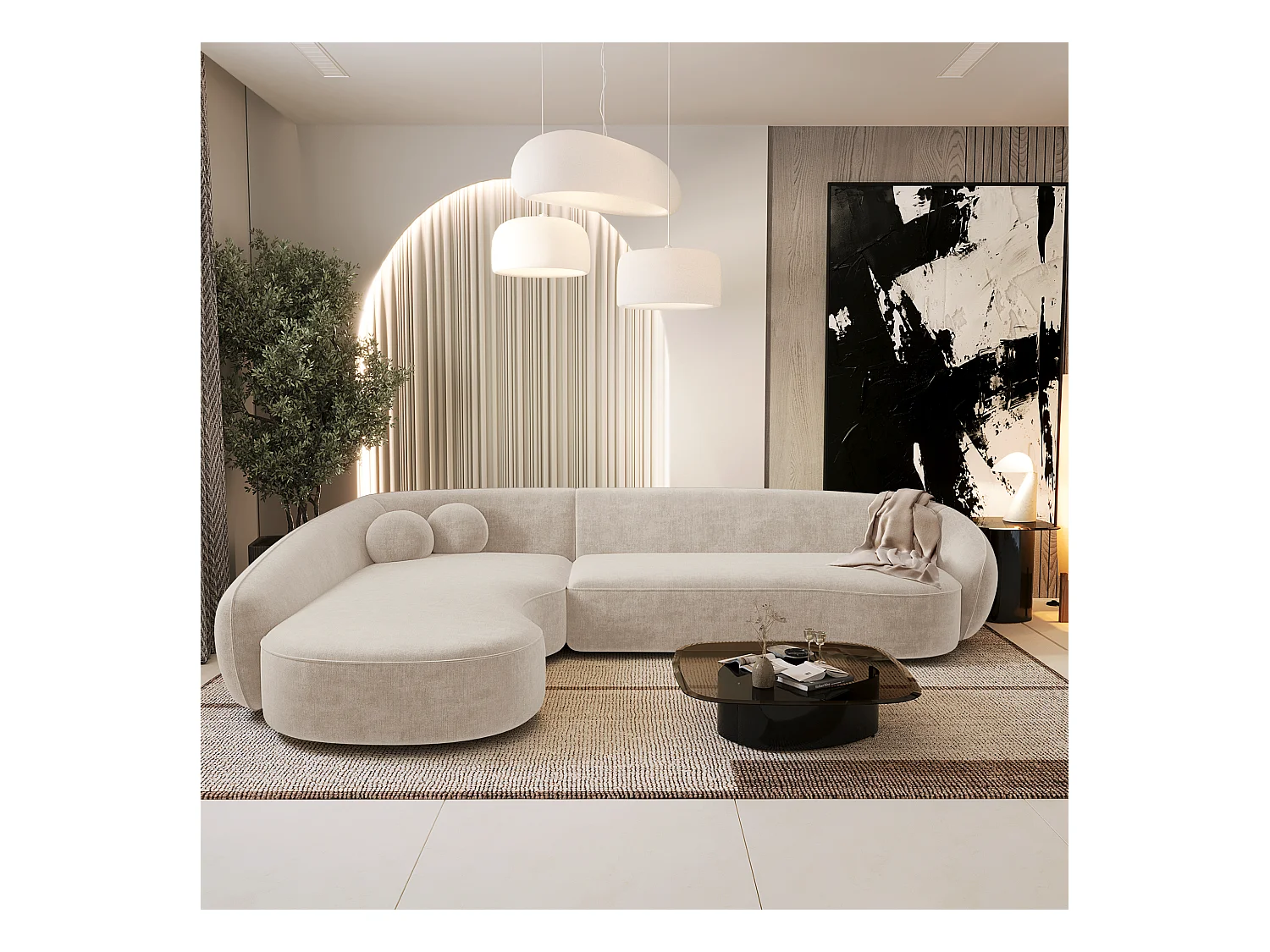 Canapé d'angle gauche 4 places tissu tramé toucher doux crème  COOPER