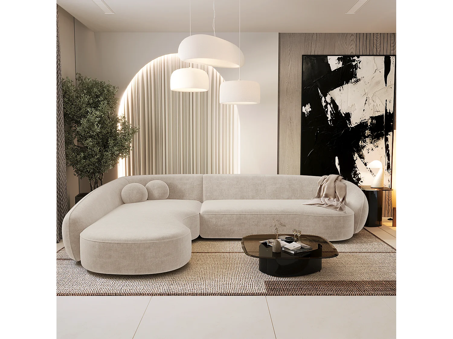 Canapé d'angle gauche 4 places tissu tramé toucher doux crème  COOPER