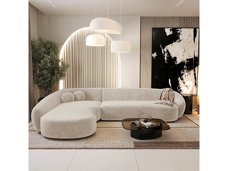 Canapé d'angle gauche 4 places tissu tramé toucher doux crème  COOPER