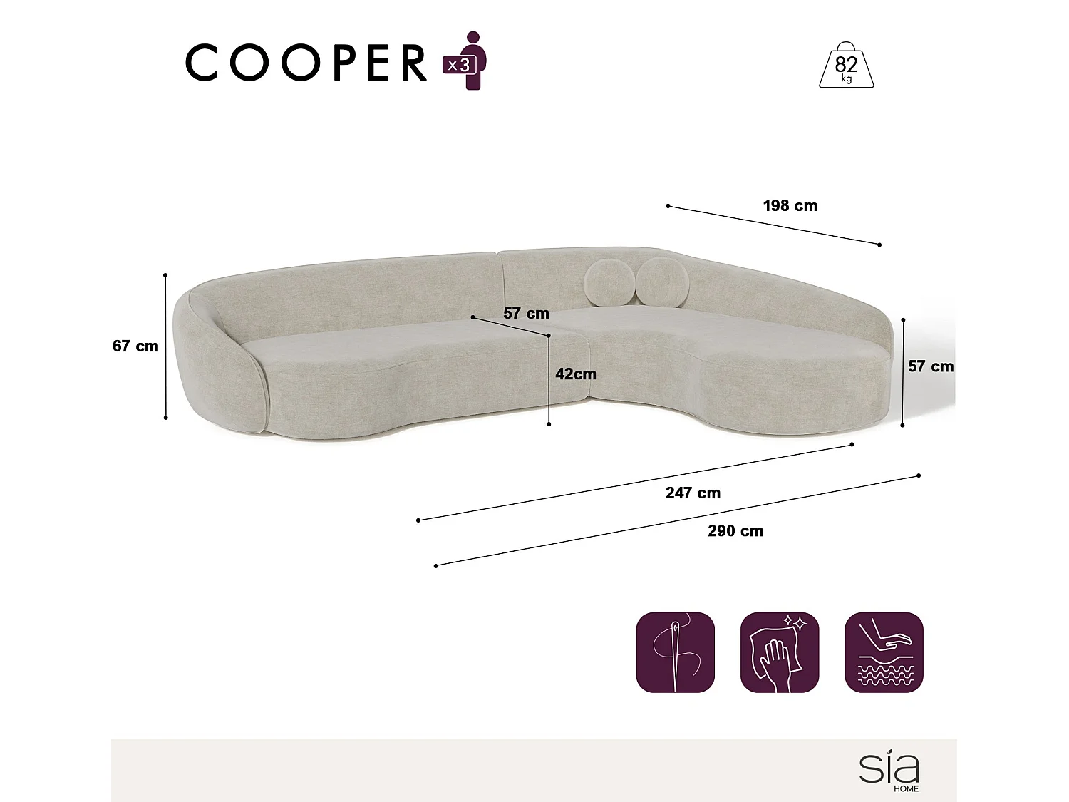 Canapé d'angle droit 4 places tissu tramé toucher doux taupe  COOPER