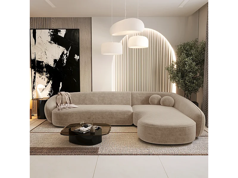 Canapé d'angle droit 4 places tissu tramé toucher doux taupe  COOPER