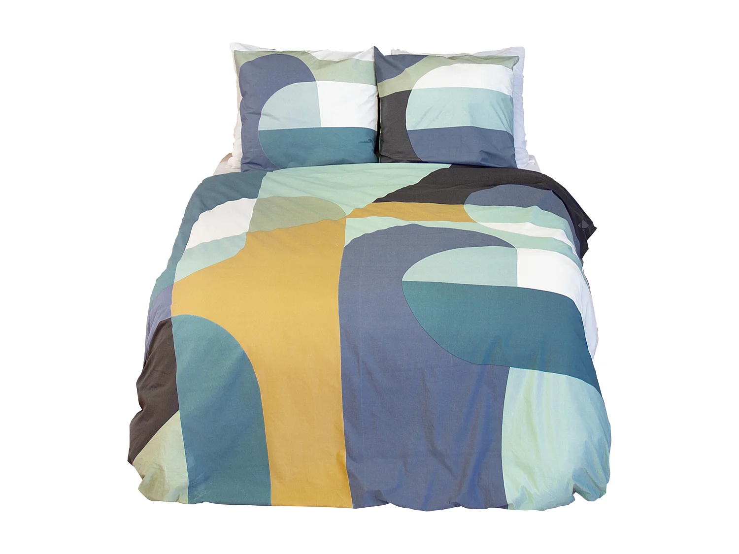 Parure de lit 260x240 cm en coton JOELE motif géométrique vert et bleu 3 pièces