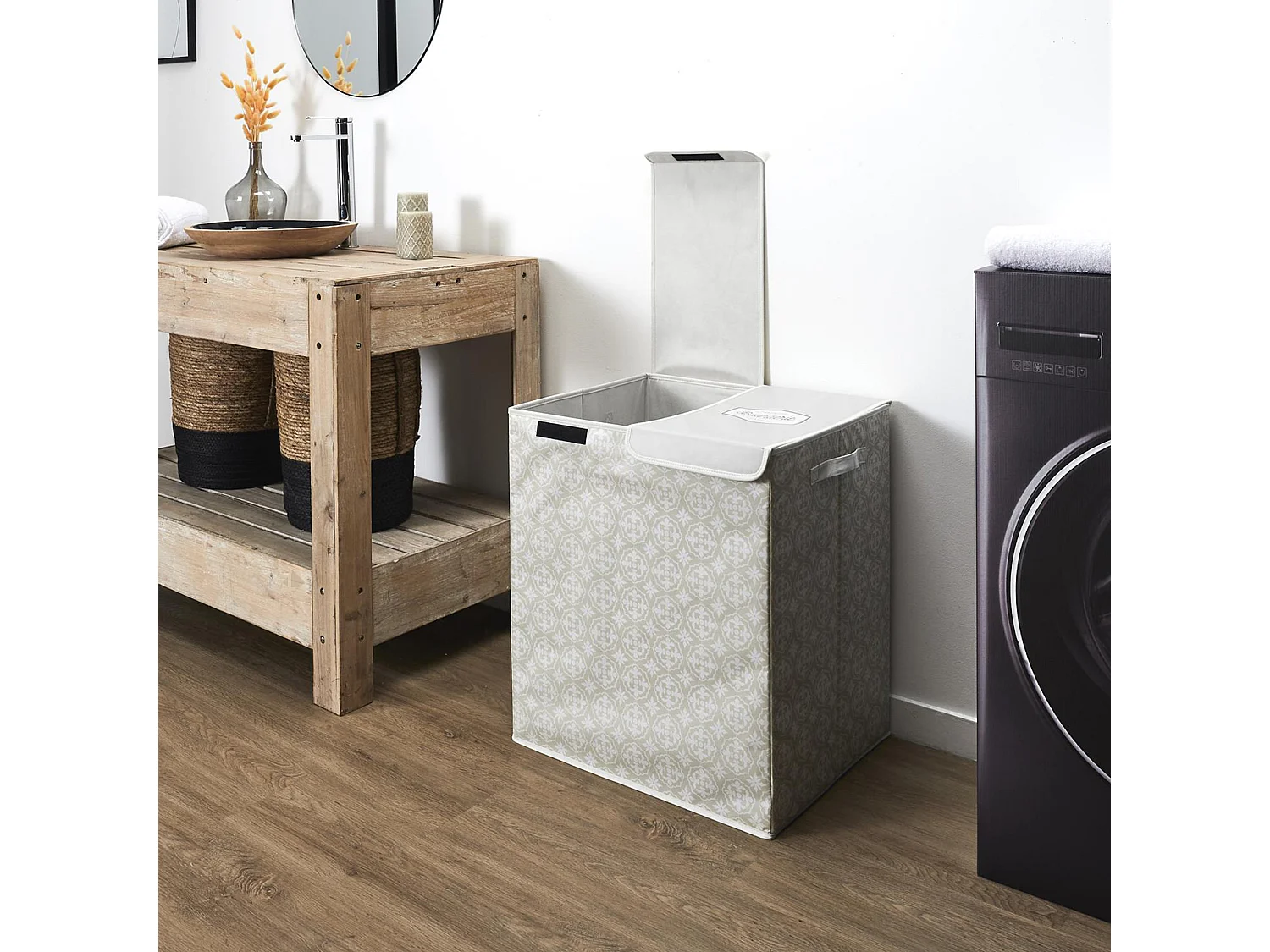 Panier de linge double en polyester BOMBAY pliable motif damassé beige