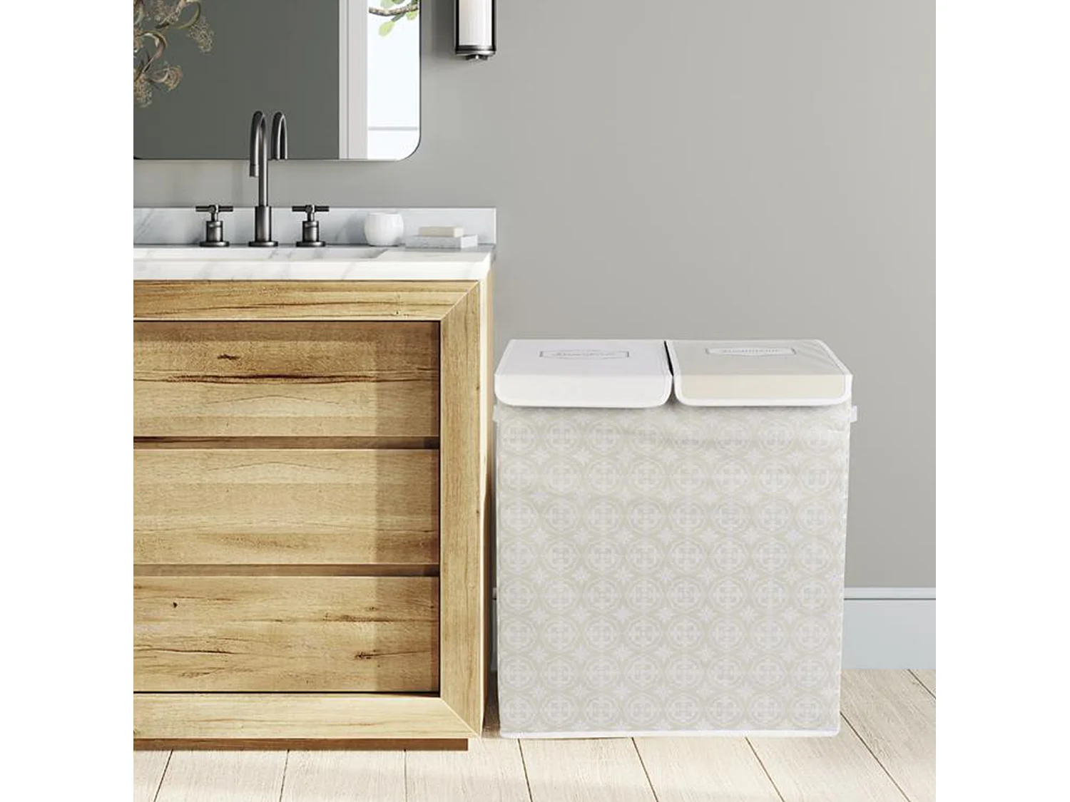 Panier de linge double en polyester BOMBAY pliable motif damassé beige