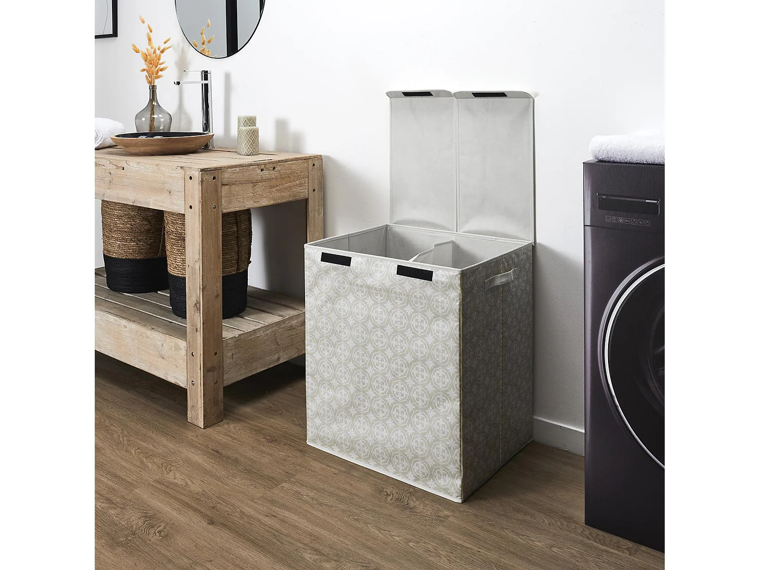 Panier de linge double en polyester BOMBAY pliable motif damassé beige