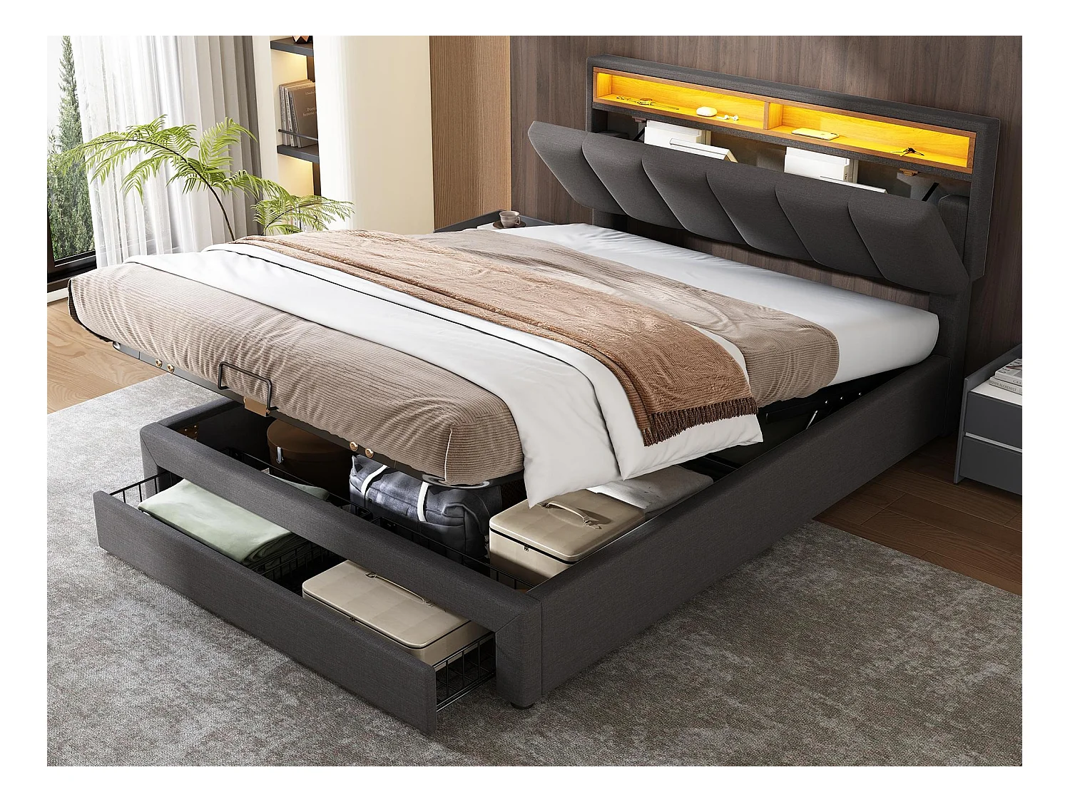 Cama estofada 140x190cm em linho com gavetas - cabeceira com LED - base de ripas - Cinza