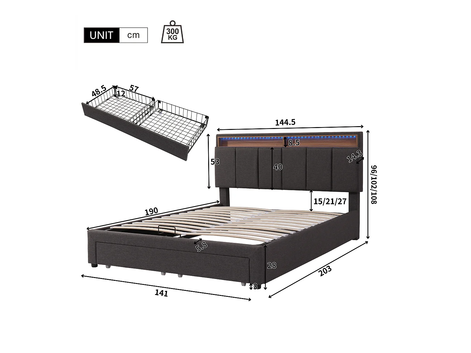 Lit coffre rembourré 140x190cm en lin avec tiroirs - tête de rangement avec LED - sommier à lattes - Gris