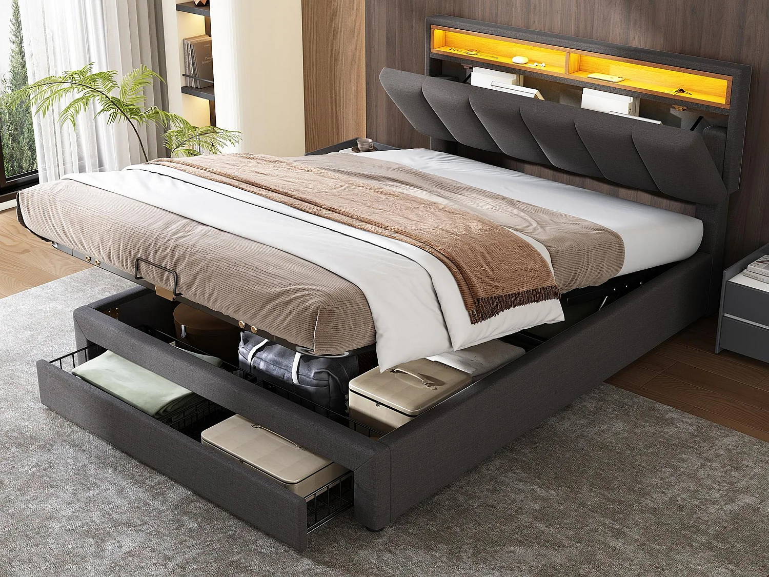 Lit coffre rembourré 140x190cm en lin avec tiroirs - tête de rangement avec LED - sommier à lattes - Gris