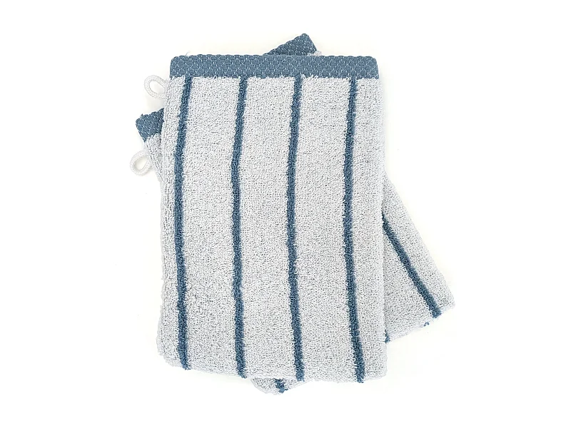Lot de deux gants de toilette 16x21 cm pur coton collection PURE LIGHT motif rayures bleu