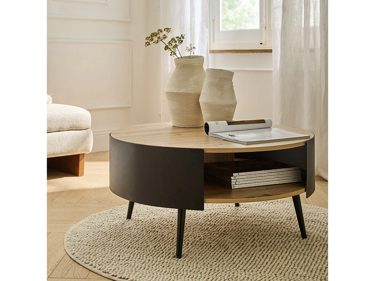 Ronde salontafel met 2 niveaus en zijkanten van zwart metaal, Ø80 cm – EKLO