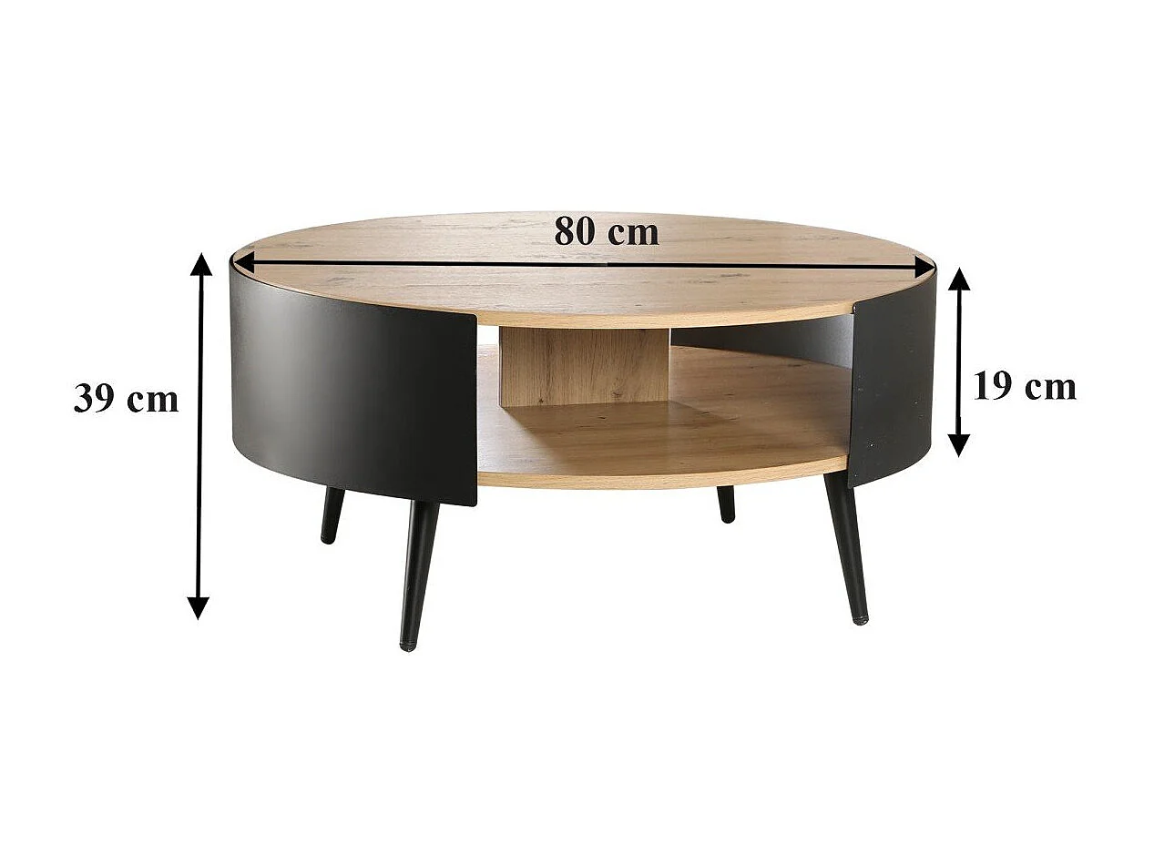 Ronde salontafel met 2 niveaus en zijkanten van zwart metaal, Ø80 cm – EKLO