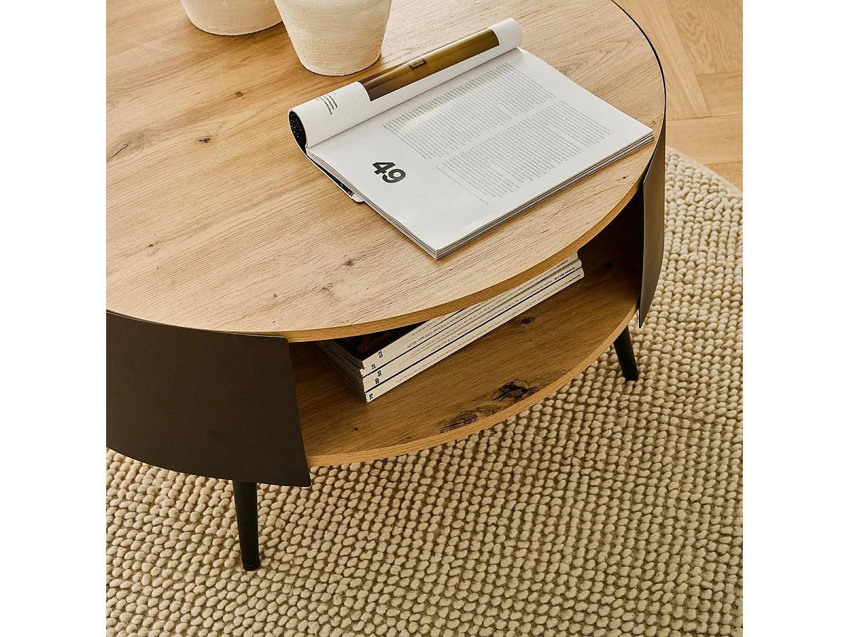 Ronde salontafel met 2 niveaus en zijkanten van zwart metaal, Ø80 cm – EKLO